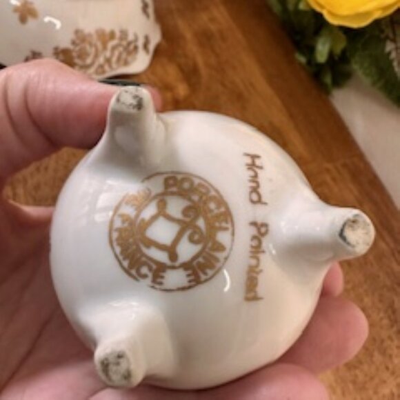 Vintage Limoges Hand Painted Porcelain Table Lighter and Matching Bowl Set Gold - Picture 7 of 8